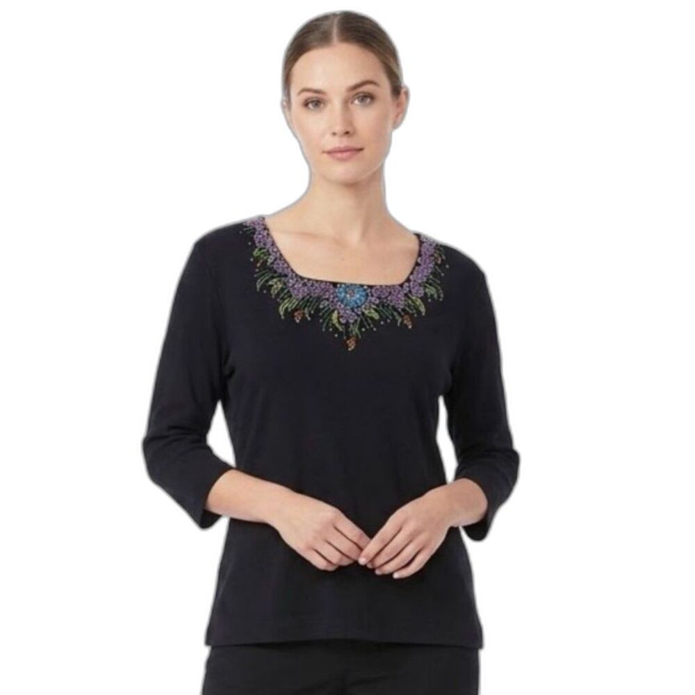 Isaac's Designs Women's Black Multicolor Bedazzled Square Neck 3/4 Sleeve Top XL